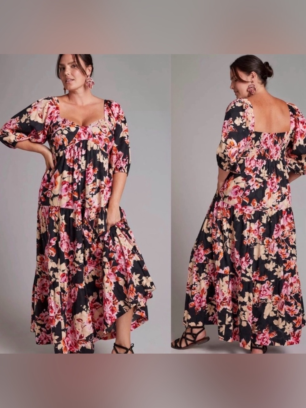Anthropologie Blossom Maxi Dress Puff Sleeve V Neck Black Garden Party Small